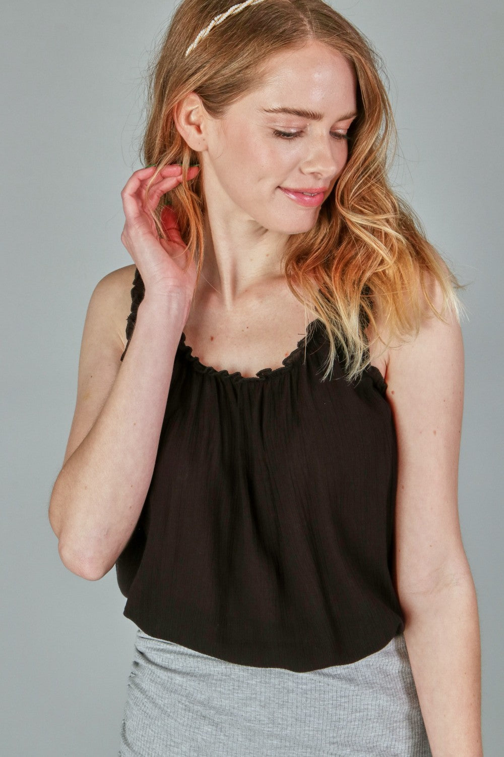 P18379 Crinkled Shirring Tank Top - Rust / Olive / Black