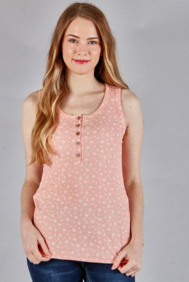 6837 Floral Rib 5 Button Henley Top. Floral Tank Top