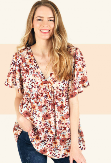 6439 Flower Print V-Neck Short Sleeve