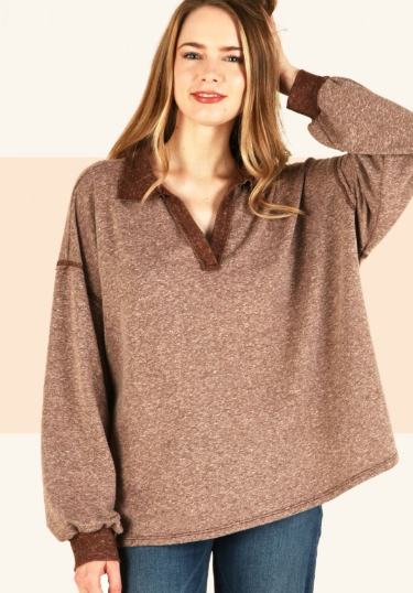 6464 Solid Pull Over V-Neck Long Sleeve