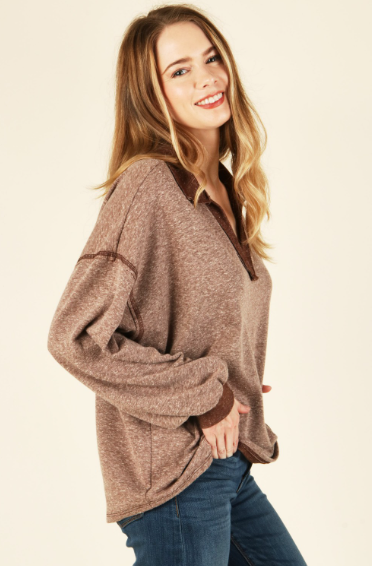 6464 Solid Pull Over V-Neck Long Sleeve