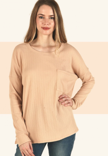 6467 Textured Knit Long-Sleeve Top With Pocket