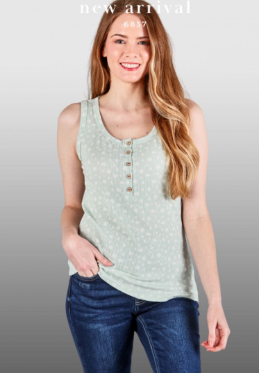 6837 Floral Rib 5 Button Henley Top. Floral Tank Top