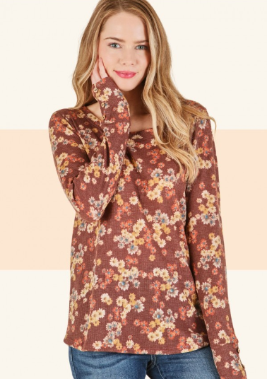 6441 Thermal Floral Print Long Sleeve Top