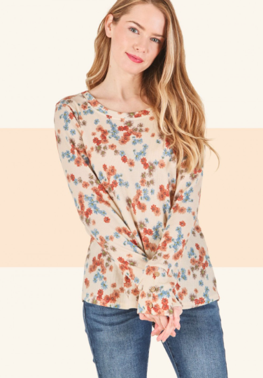 6441 Thermal Floral Print Long Sleeve Top