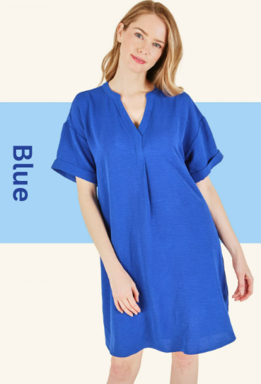 11485 Solid Woven V neck Short Sleeve Dress