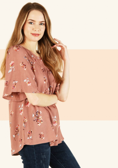 6558 Floral Print Round-Neck Half Sleeve Top