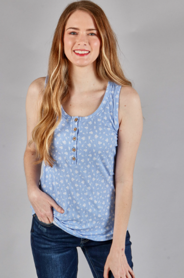 6837 Floral Rib 5 Button Henley Top. Floral Tank Top