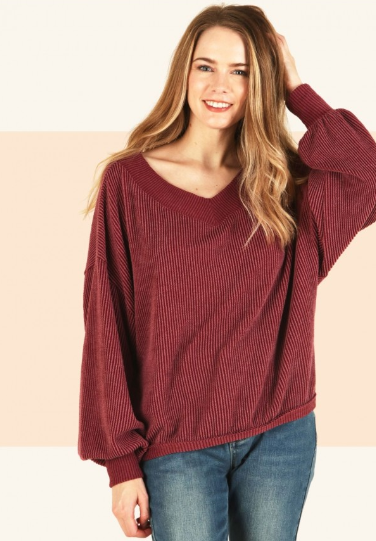 6543 Corduroy Stretchy Solid V Neck Top