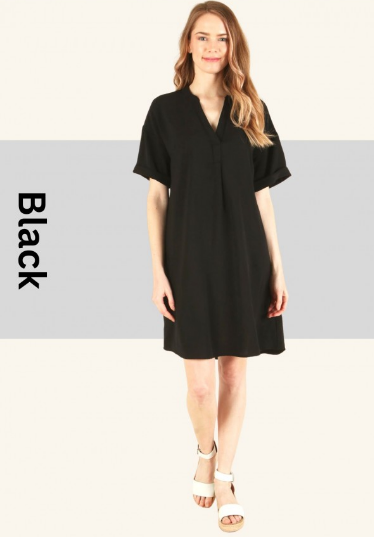 11485 Solid Woven V neck Short Sleeve Dress