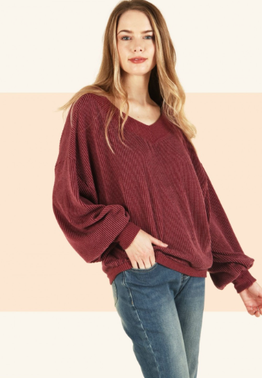 6543 Corduroy Stretchy Solid V Neck Top