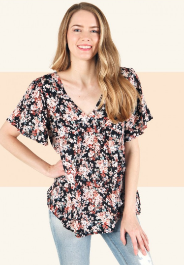 6439 Flower Print V-Neck Short Sleeve