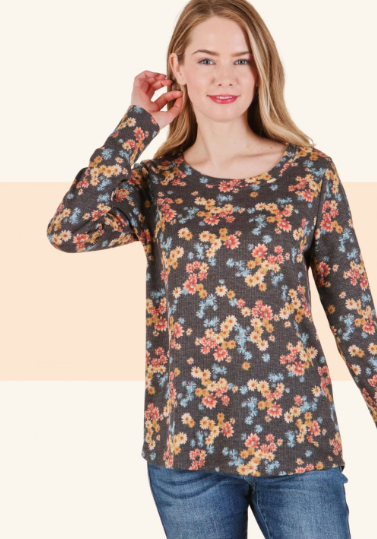 6441 Thermal Floral Print Long Sleeve Top