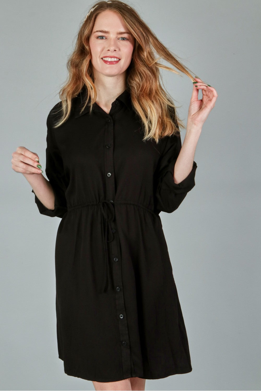 #12498 Woven Shirt Dress - Black / Denim / Ivory