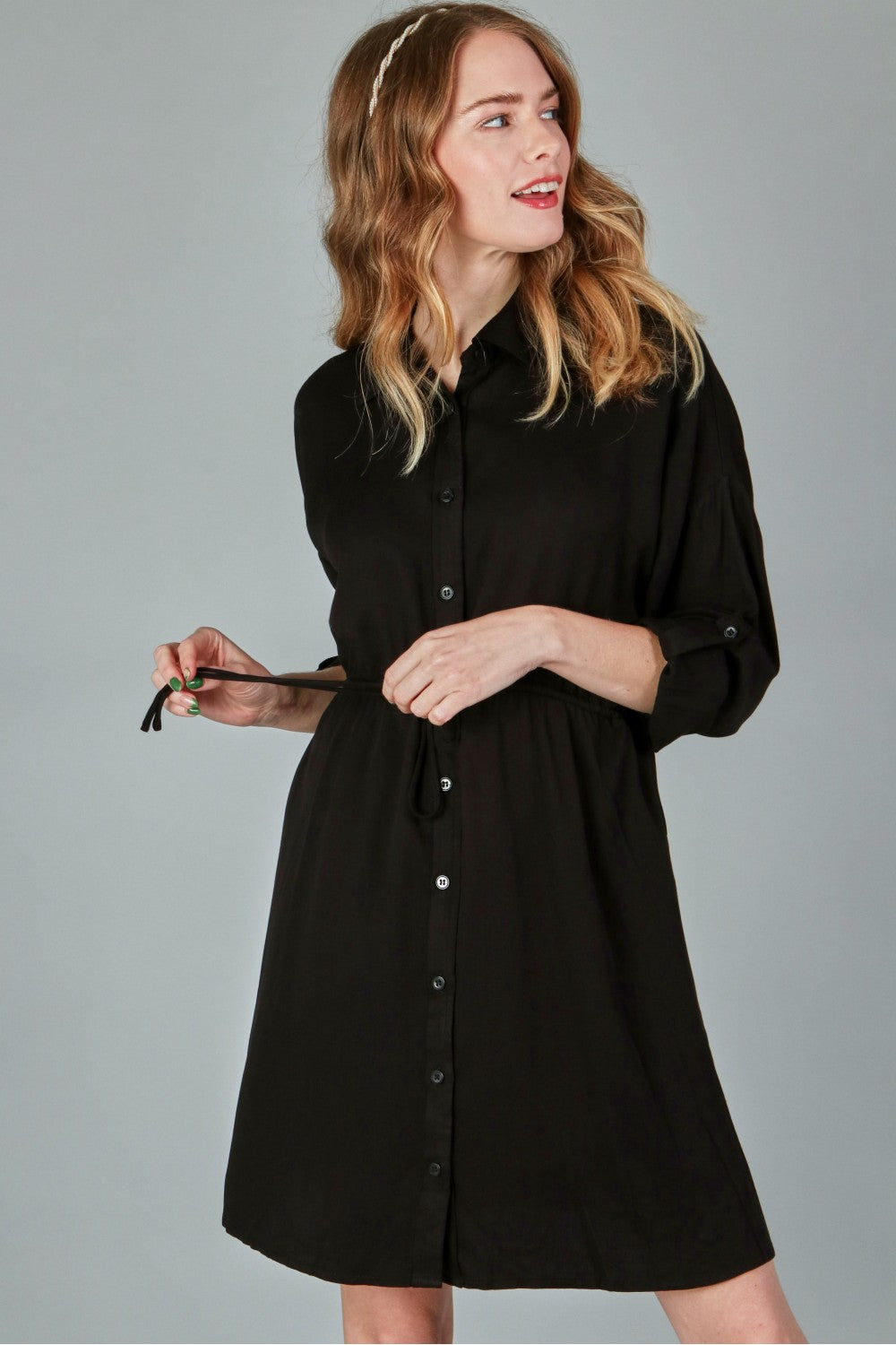 #12498 Woven Shirt Dress - Black / Denim / Ivory