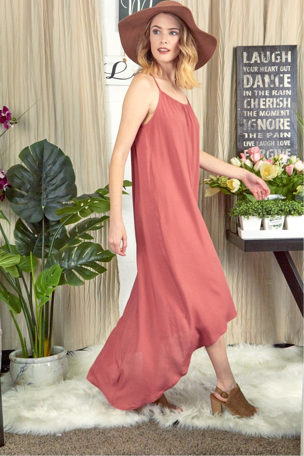 #12726 Woven Cami Maxi Dress - Marsala / Black