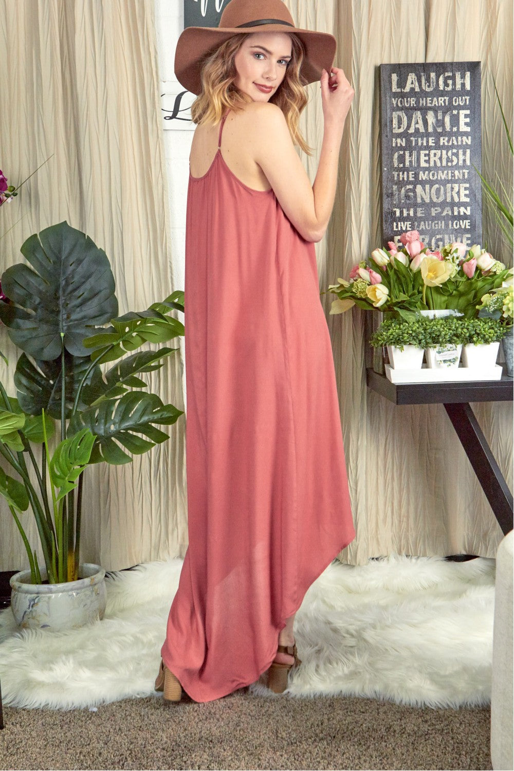 #12726 Woven Cami Maxi Dress - Marsala / Black