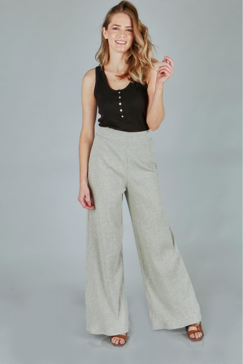 #13048 Knit Corduroy Elastic Waist Pants - Heather Grey