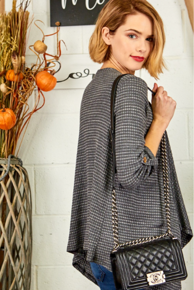 P12166 Two Tone Waffle Sleeve Tab Cardigan