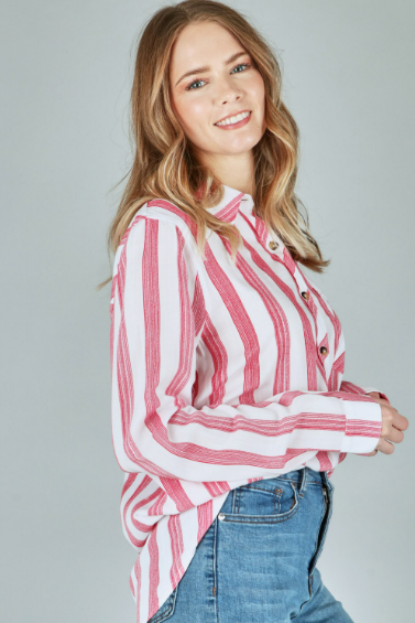 P17884 Woven Stripe Button Down Shirts With Pocket