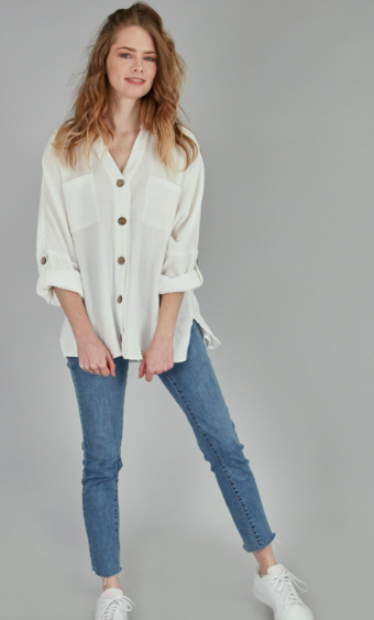 P17827 Textured Woven Button Long Sleeve Top