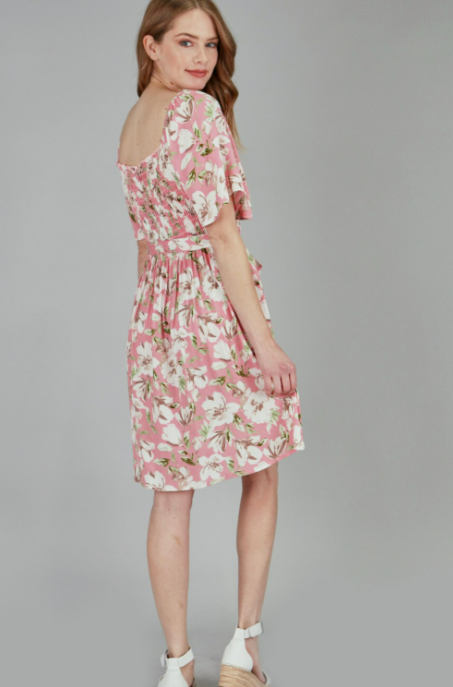 P17914 Flower Print Shirring Dress