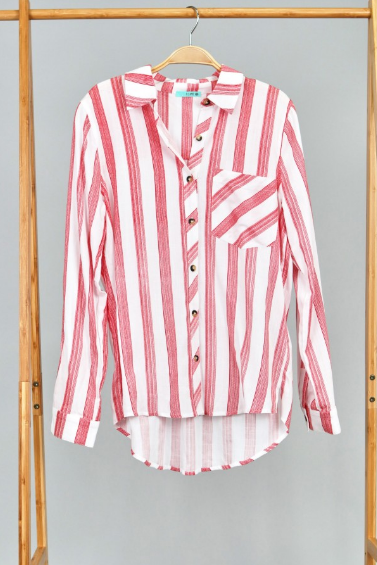 P17884 Woven Stripe Button Down Shirts With Pocket