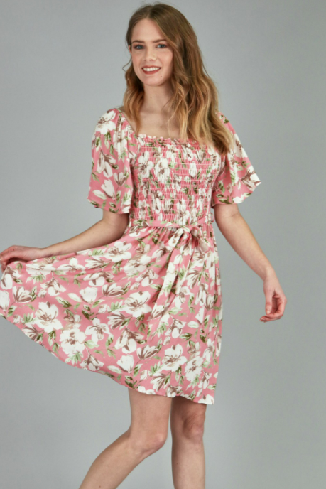 P17914 Flower Print Shirring Dress