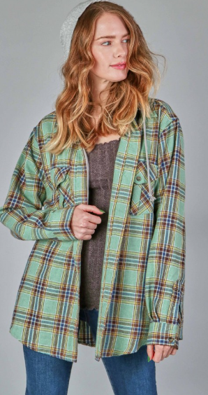 13068 Plaid Mix Match Hoodie - Black / Green / Taupe