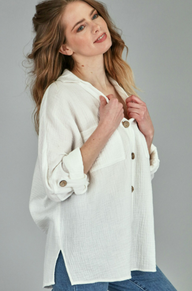 P17827 Textured Woven Button Long Sleeve Top