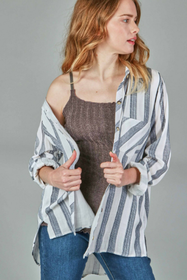 P17884 Woven Stripe Button Down Shirts With Pocket