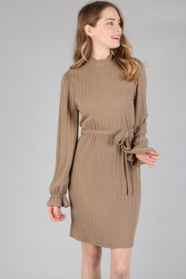 P18535 Solid Rib Dress With Ruffle Sleeve & Waist Strap