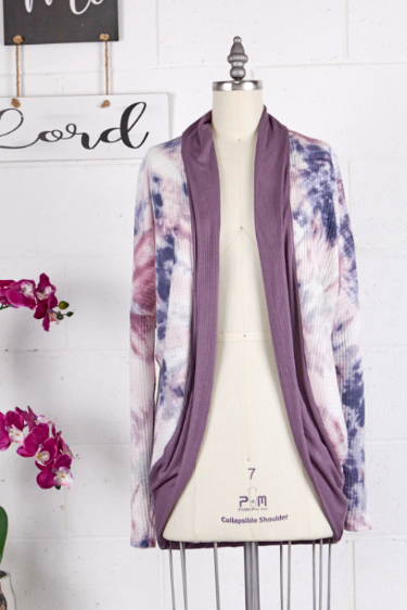 12134  Tie Dye Print With Solid Rib Mix Match Cardigan