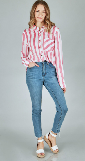 P17884 Woven Stripe Button Down Shirts With Pocket