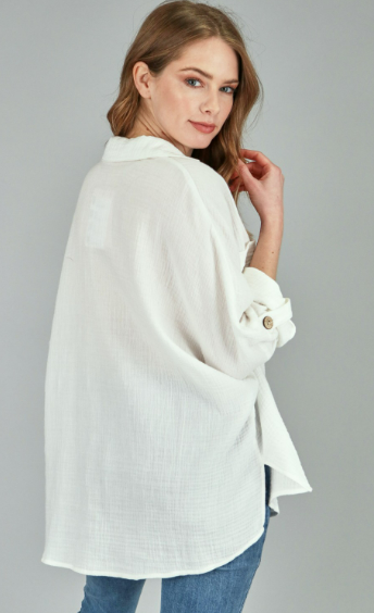 P17827 Textured Woven Button Long Sleeve Top