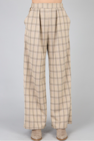 P18539 Plaid Pin Tuck Wide-Leg Pants