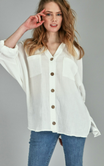 P17827 Textured Woven Button Long Sleeve Top