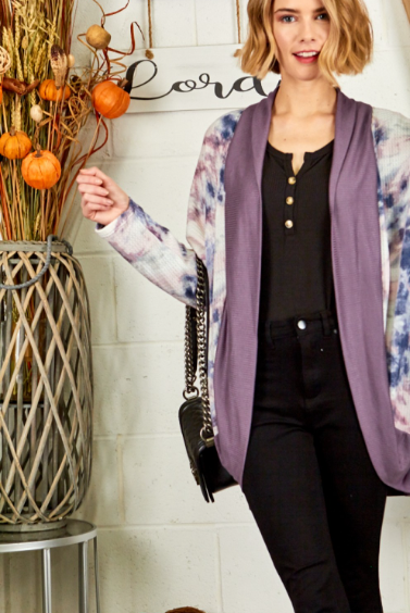 12134  Tie Dye Print With Solid Rib Mix Match Cardigan