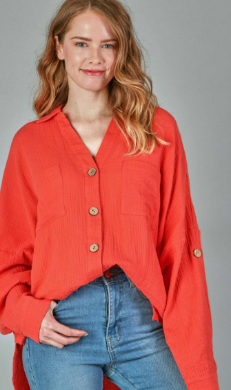 P17827 Textured Woven Button Long Sleeve Top