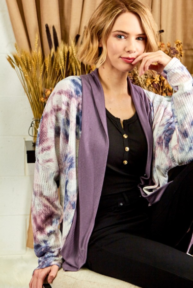 12134  Tie Dye Print With Solid Rib Mix Match Cardigan