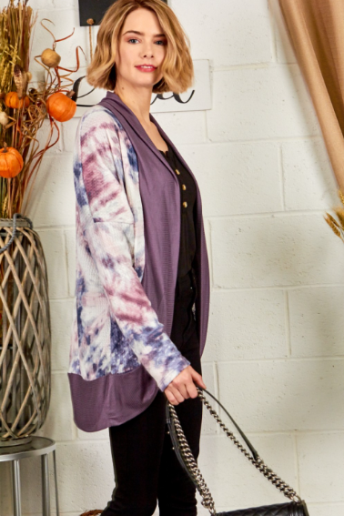 12134  Tie Dye Print With Solid Rib Mix Match Cardigan