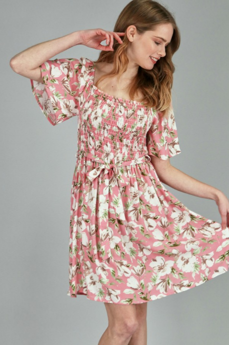 P17914 Flower Print Shirring Dress