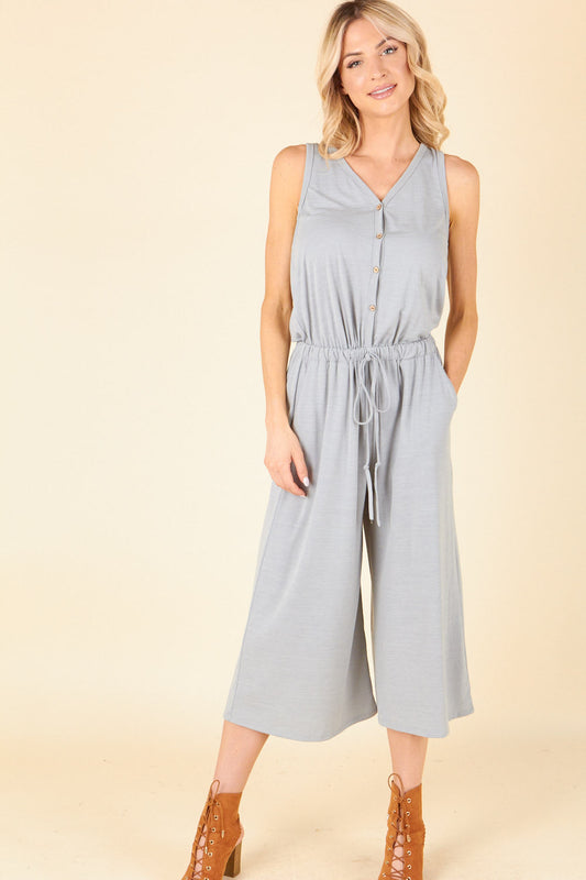 P15345 Sleeveless Rompers - Sage Gray / Navy Blue