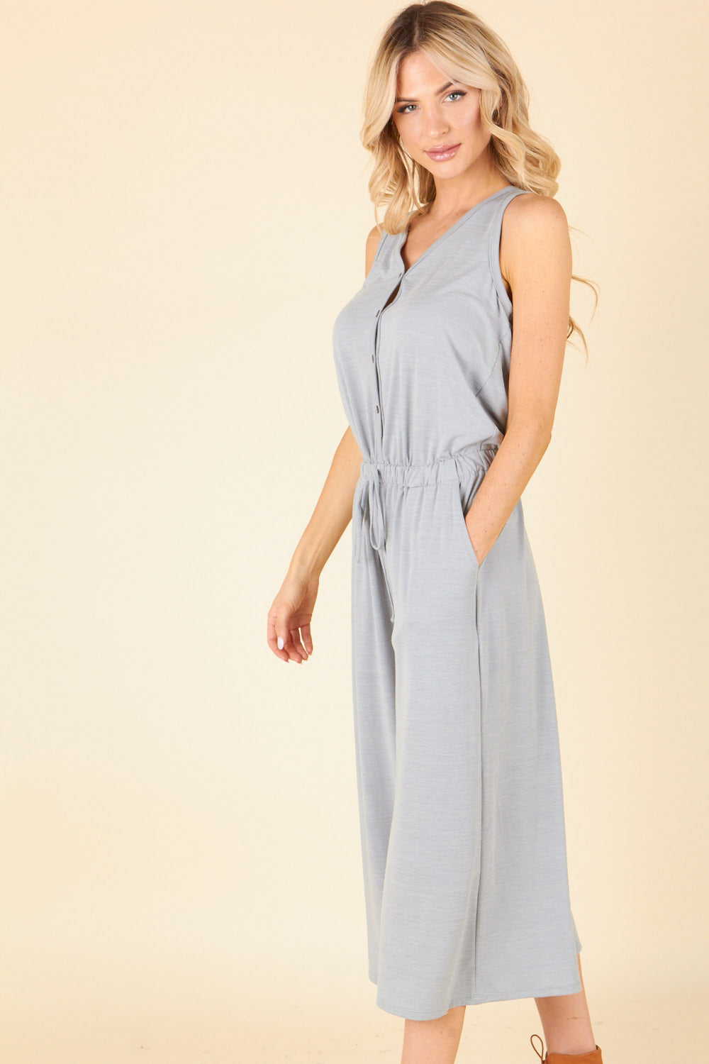 P15345 Sleeveless Rompers - Sage Gray / Navy Blue