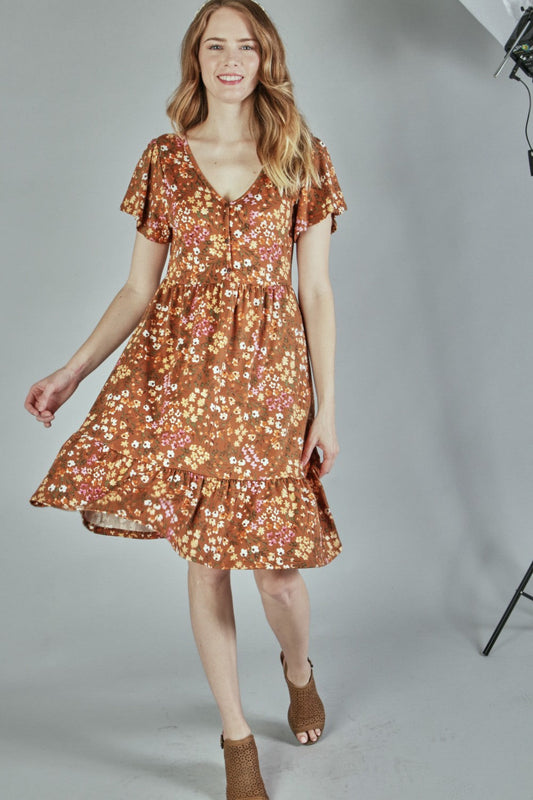 P17653 Ditsy Floral Ruffle Dress - Cocoa Brown / Ivory / Taupe