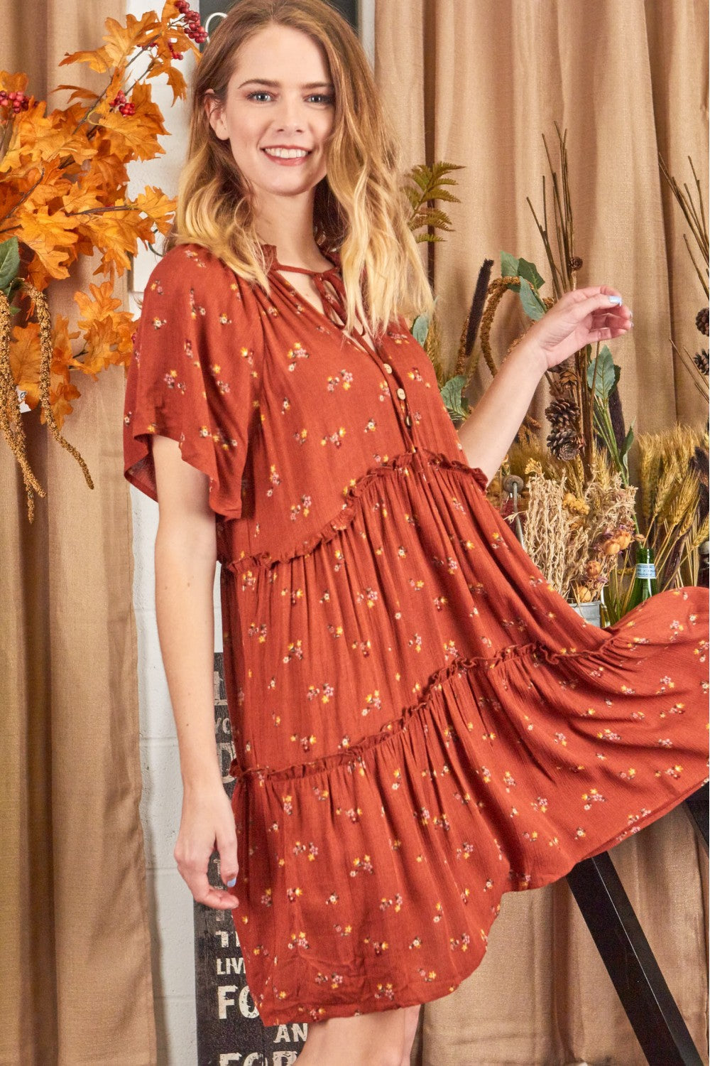 P17692 Print Woven Layered Dress - Rust / Taupe