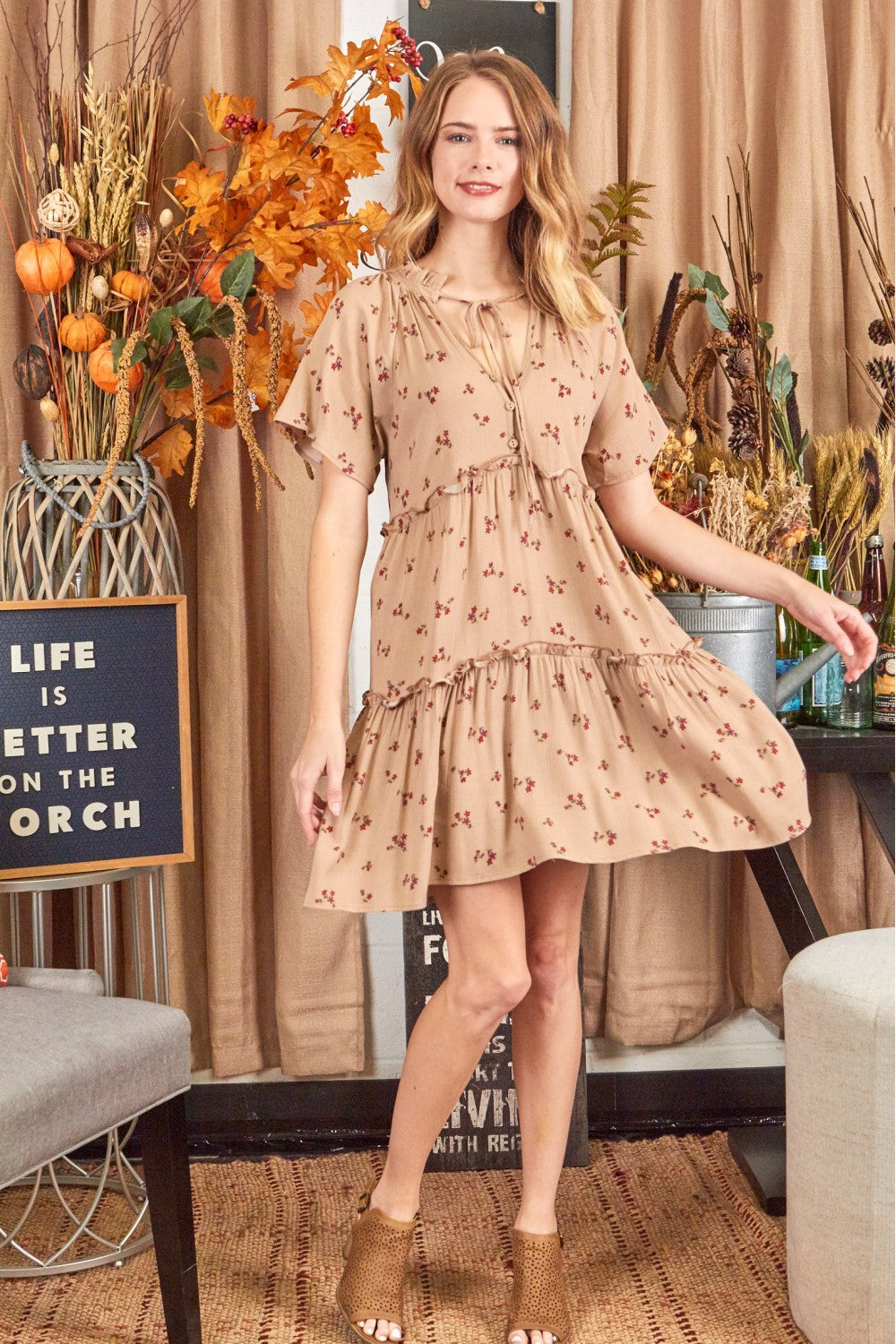 P17692 Print Woven Layered Dress - Rust / Taupe