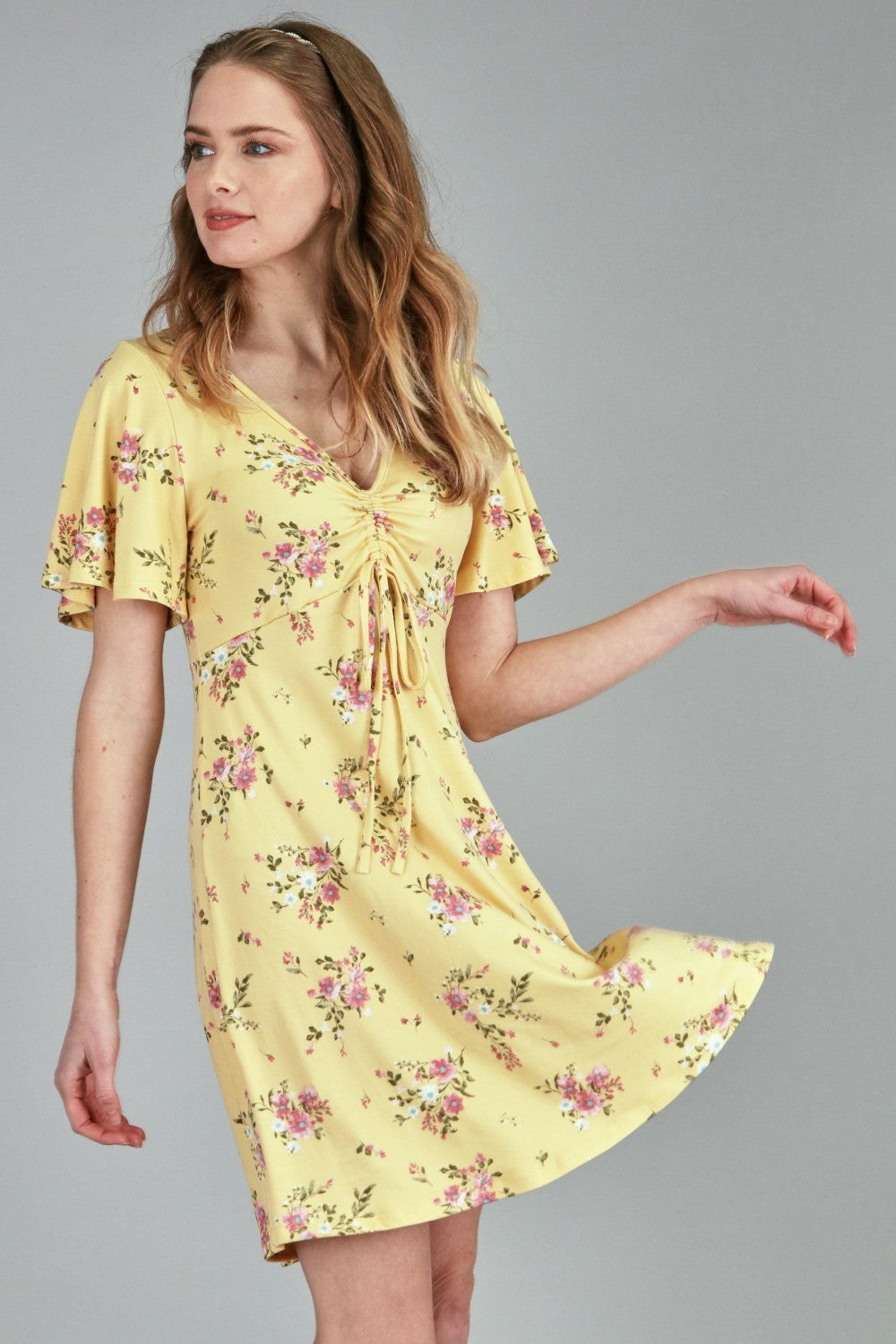 P17926 Floral Print Dress - Yellow / Sky / Black