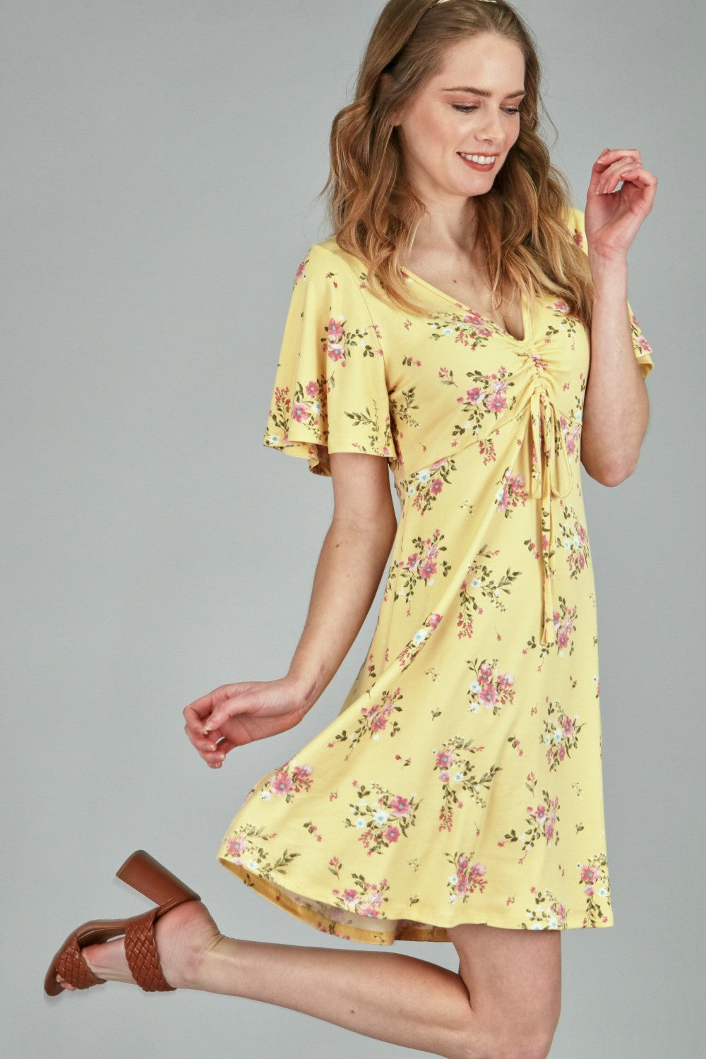 P17926 Floral Print Dress - Yellow / Sky / Black