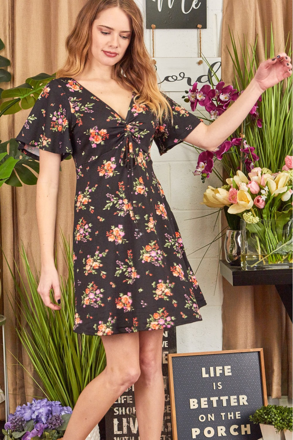 P17926 Floral Print Dress - Yellow / Sky / Black